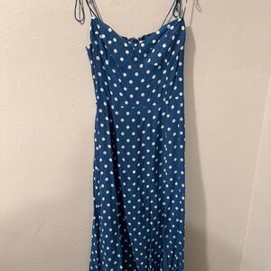reformation midi blue polka dot dress